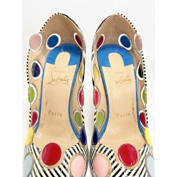 Christian Louboutin Lady Bug Heels Navy/White Stripes Bright Polka Dots Sz 35.5 - Picture 8 of 16